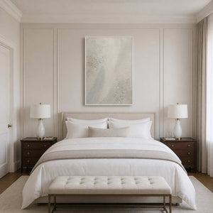 Calm ivory Wabi Sabi wall art displayed above a luxury primary bedroom.