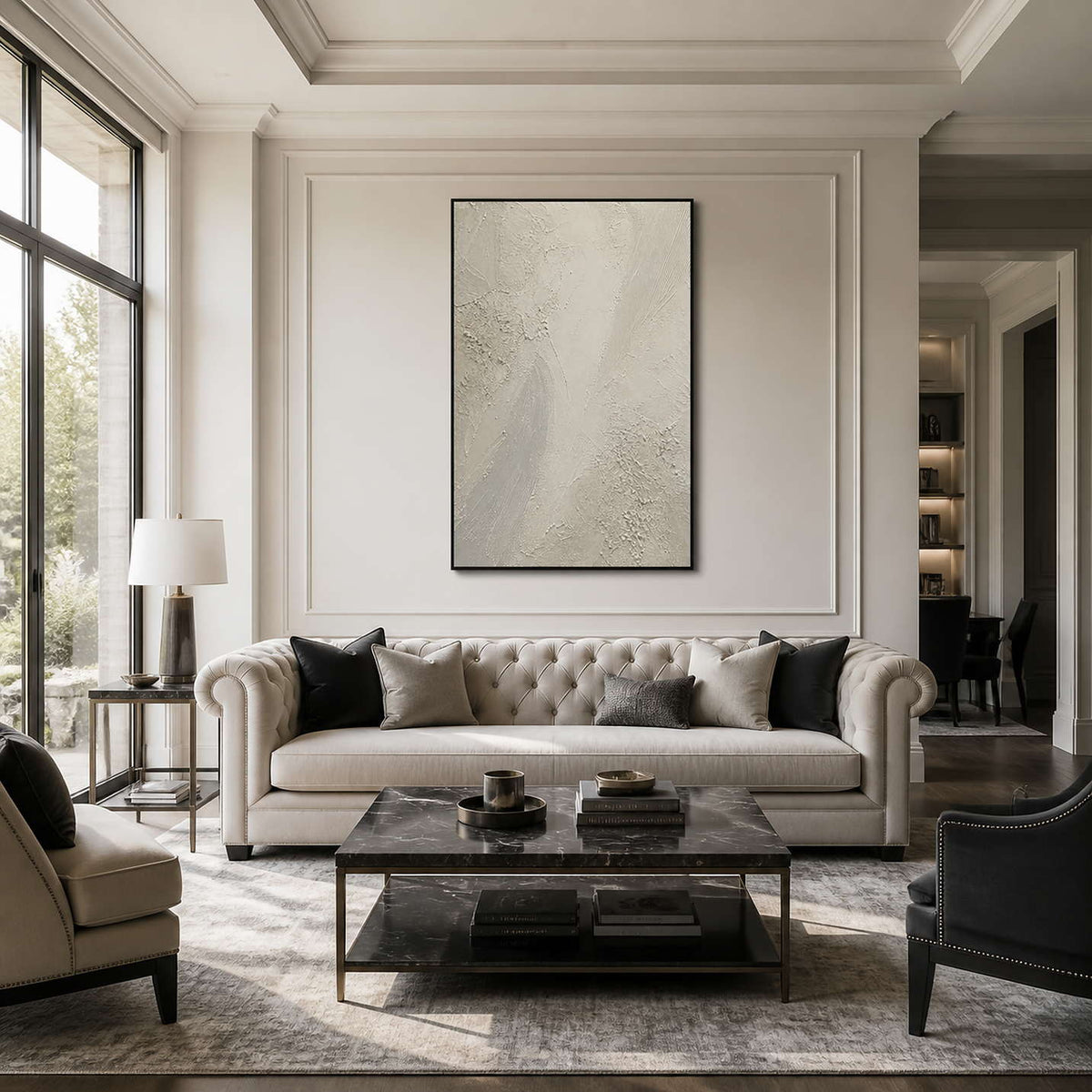 White textured Wabi Sabi wall art displayed in a modern luxury living room.