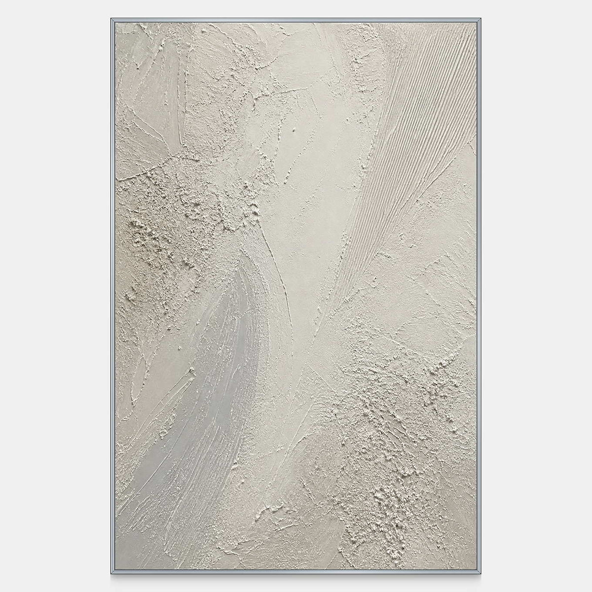 Hand-worked vertical Wabi Sabi wall art in chalk white, warm ivory, and pale gray.