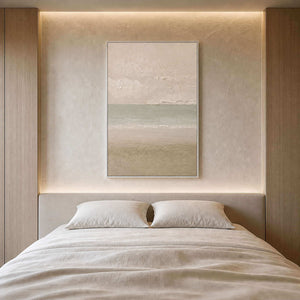 Ivory and sea-glass coastal artwork styled in a calm bedroom.