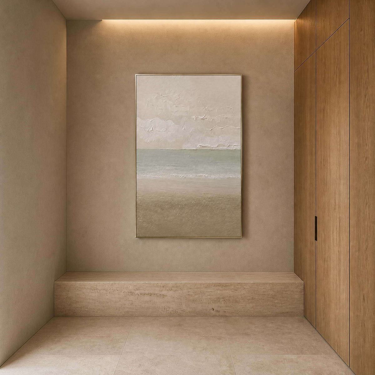 Vertical textured coastal canvas in a warm architectural entryway.