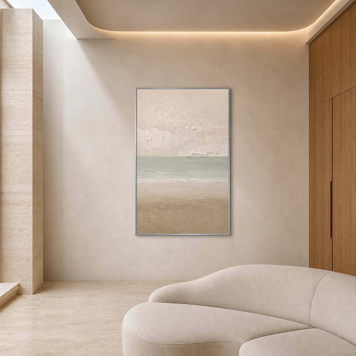 Textured coastal wall art styled in a warm minimalist living room.