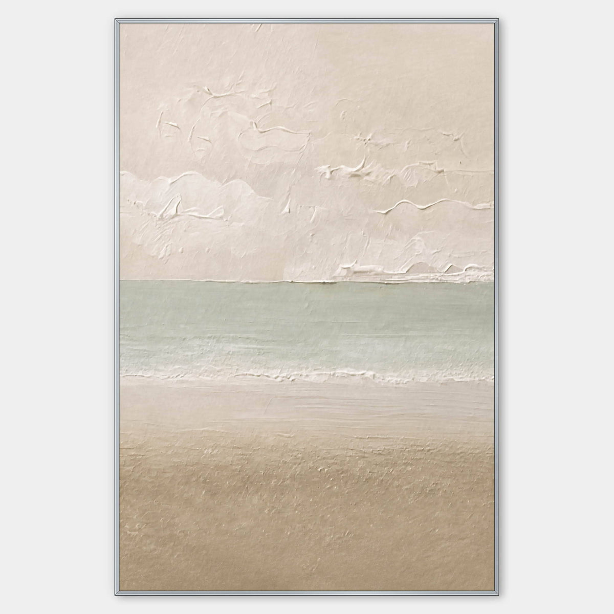Hand-painted coastal canvas in warm ivory, sea-glass green, and sand.
