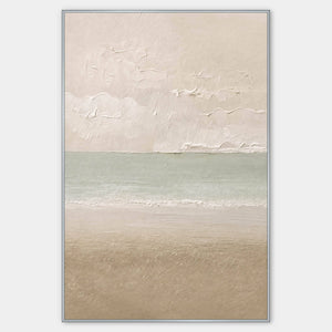 Hand-painted coastal canvas in warm ivory, sea-glass green, and sand.