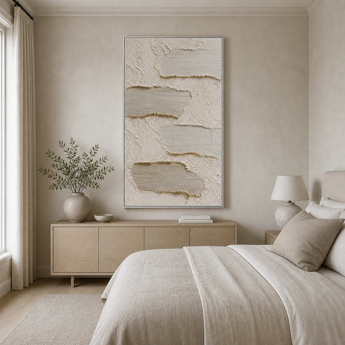 Ivory abstract wall art displayed above a serene modern bedroom console.