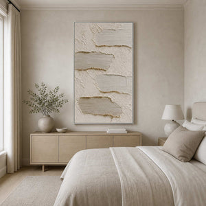 Ivory abstract wall art displayed above a serene modern bedroom console.