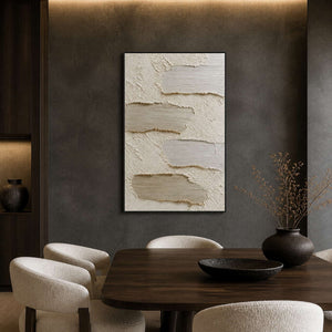 Neutral textured artwork displayed in a dark walnut dining room.