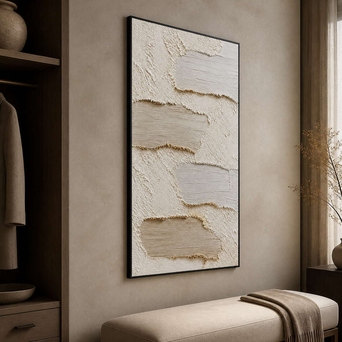 Vertical textured wall art displayed in a warm dressing room alcove.