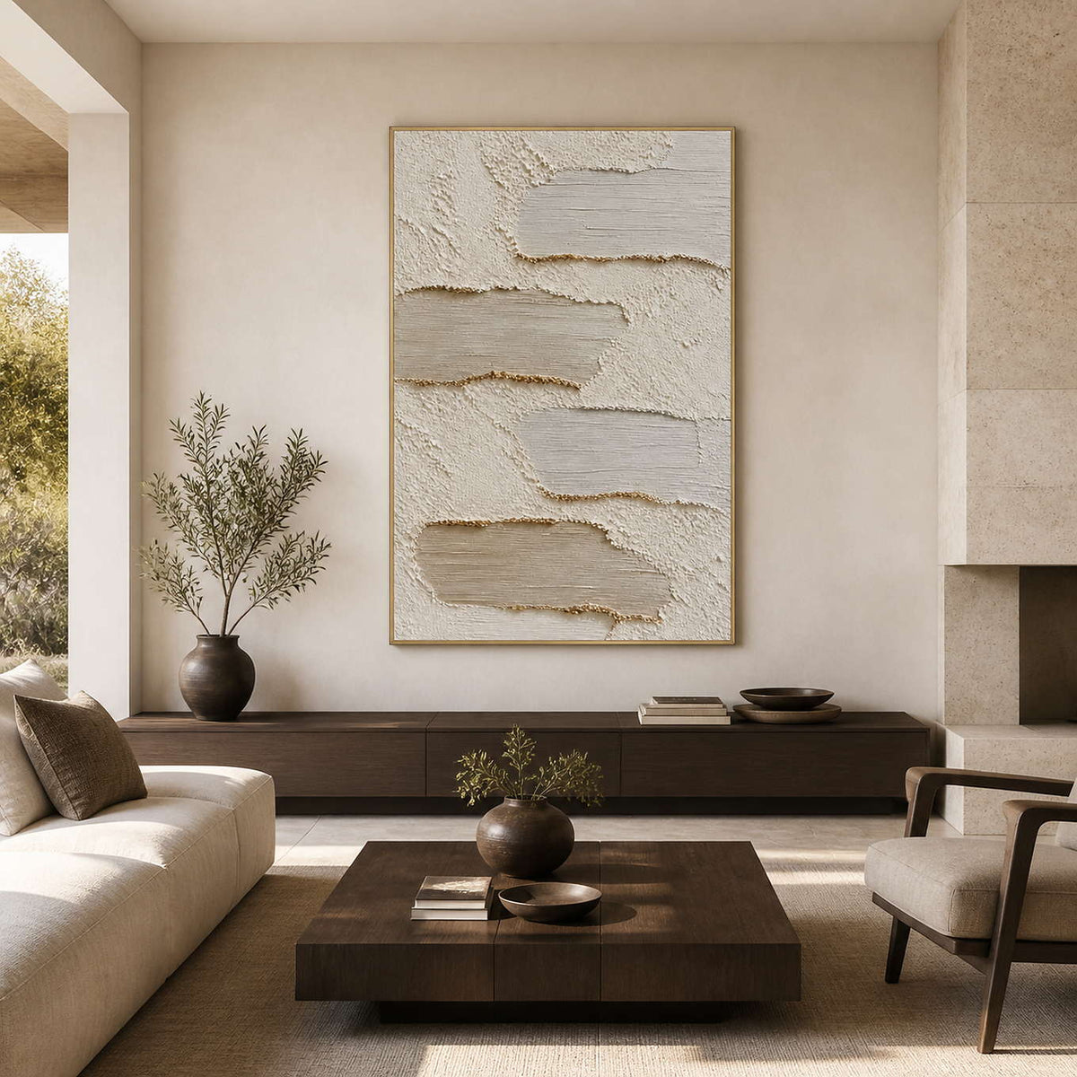 Textured neutral abstract wall art displayed in a warm modern living room.