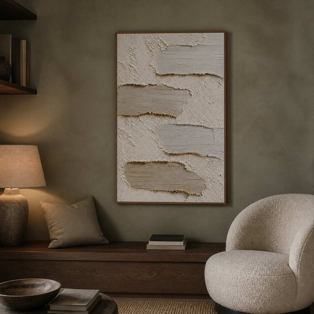 Layered neutral abstract art displayed in an intimate walnut reading room.