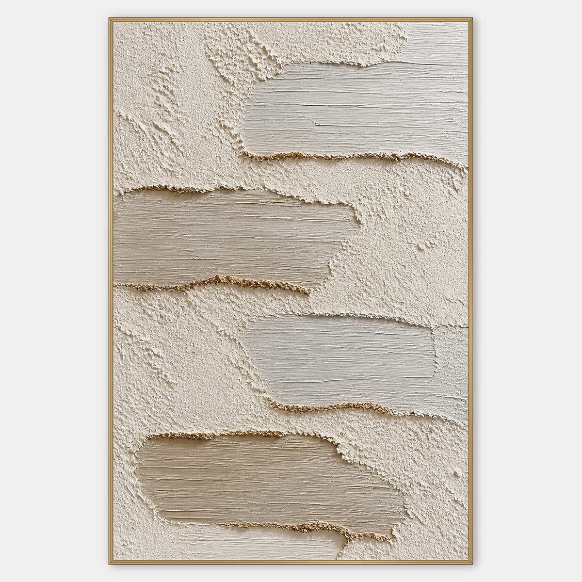 Vertical textured abstract artwork in ivory, warm greige, and pale sand.