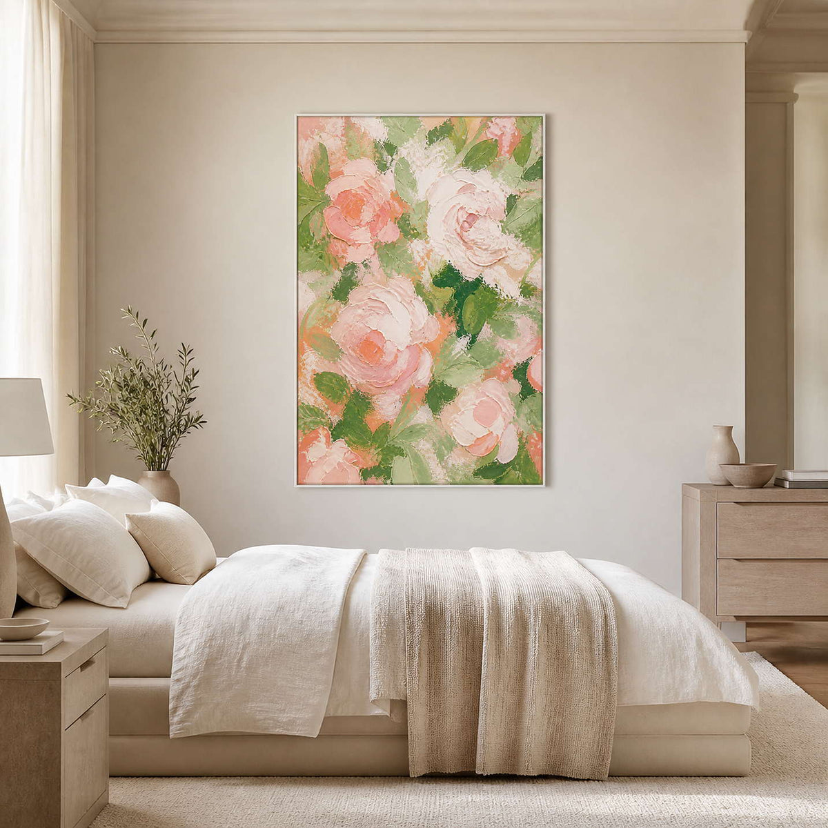 Soft blush and green floral canvas above a serene ivory bedroom.