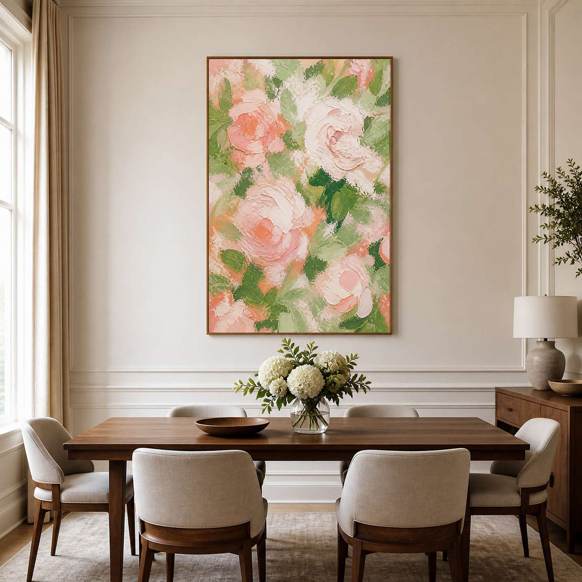 Textured pink rose wall art brings garden color to an elegant dining room.