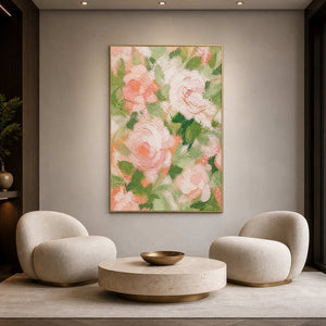 Textured botanical canvas in pink, ivory, and green in a minimalist gallery lounge.