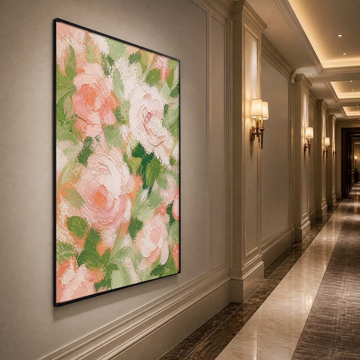 Vertical blush rose wall art displayed along an elegant hallway.