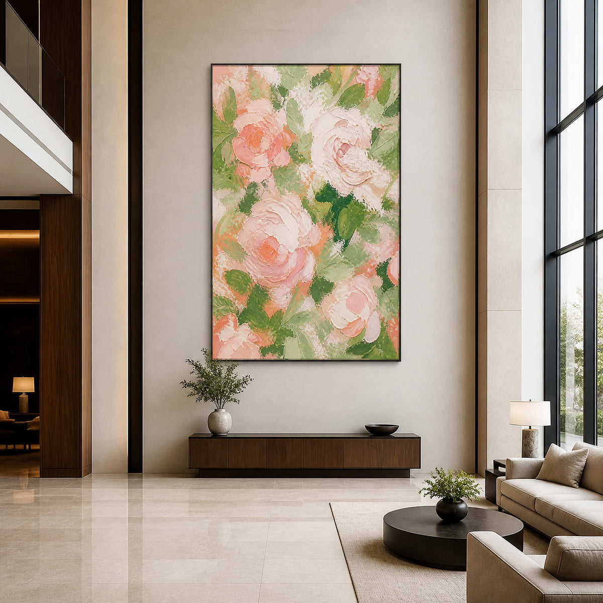 Large blush rose painting displayed in a contemporary hotel lobby.