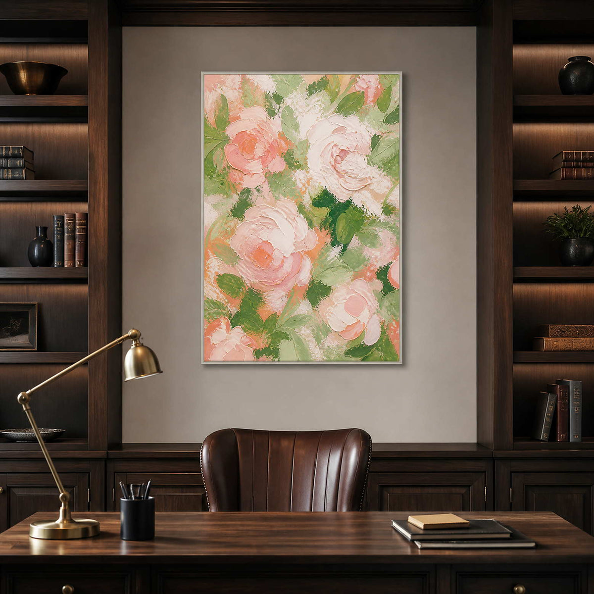 Luminous textured rose painting softens a refined dark wood office.
