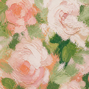 Close-up of raised blush, ivory, and green palette-knife rose petals.