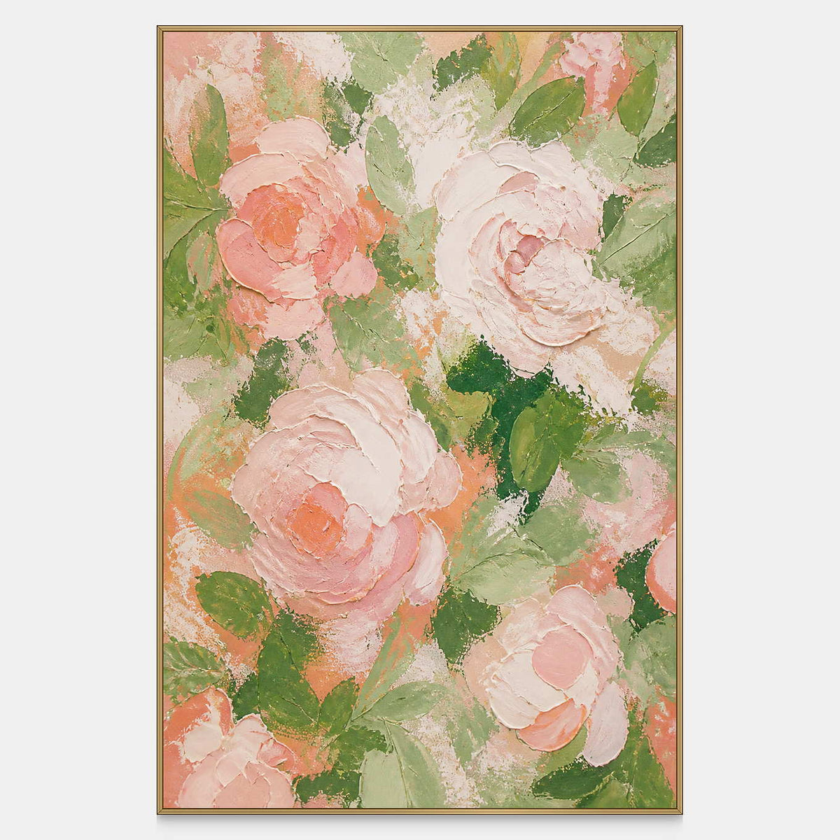 Hand-painted vertical floral canvas with blush roses, ivory petals, and layered green foliage.