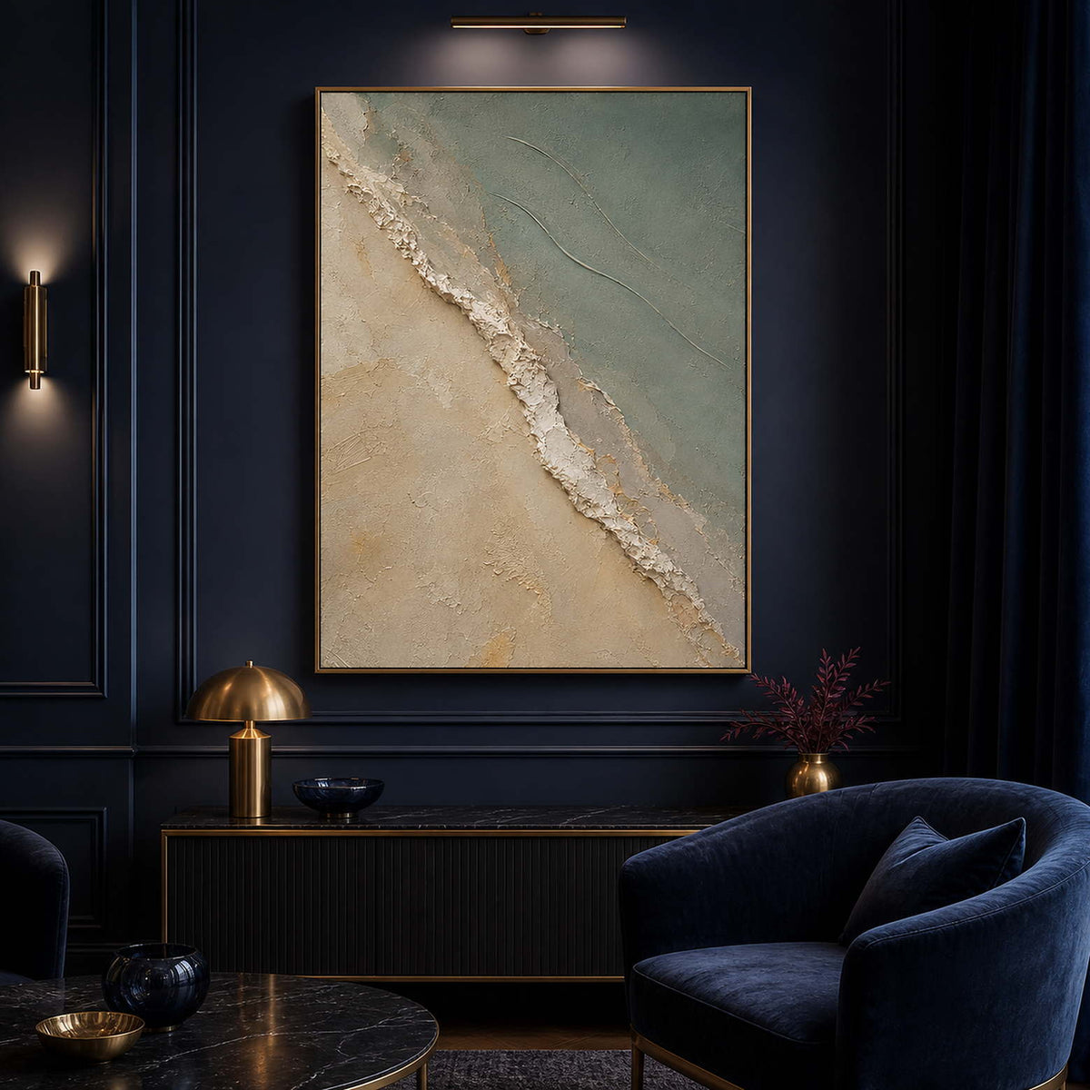 Pale textured abstract wall art displayed in a deep blue boutique lounge.