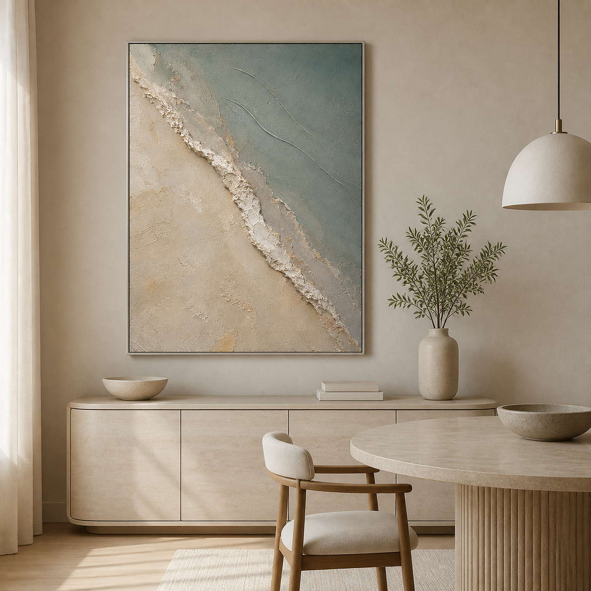 Minimalist sage coastal wall art displayed in a light beige dining room.
