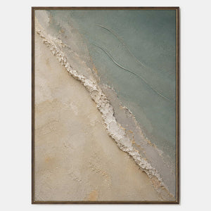Textured sage and cream coastal abstract with a raised white shoreline ridge.
