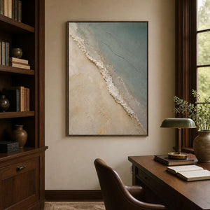 Textured vertical coastal artwork displayed in a walnut collector study.