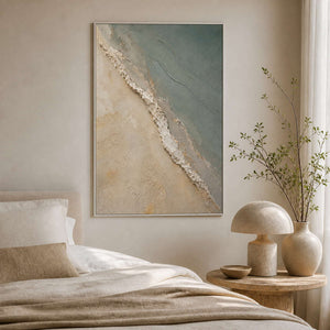 Sage and cream abstract wall art displayed in a warm white bedroom.