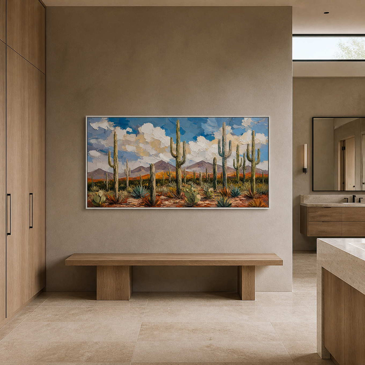 Textured desert landscape displayed in a mineral toned modern bathroom.
