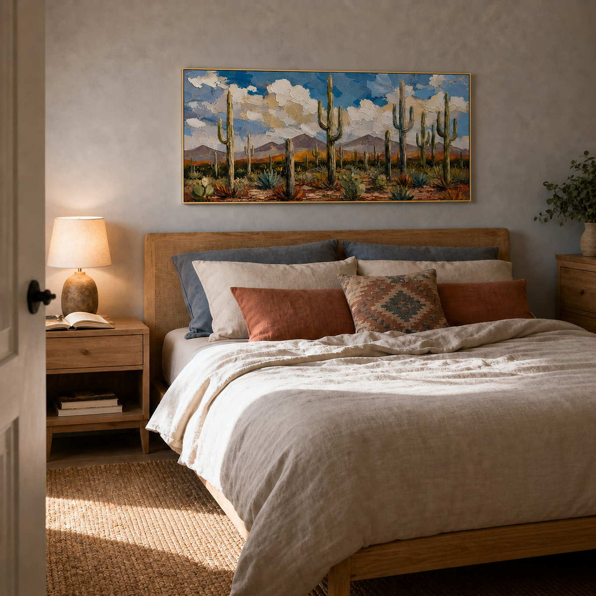 Textured desert wall art displayed above a calm linen bed.