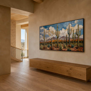 Desert landscape wall art displayed along a warm modern entryway.