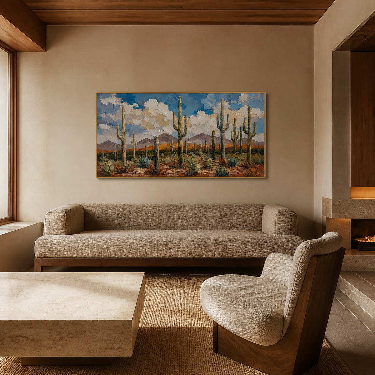 Saguaro wall art displayed in a refined desert hotel suite.