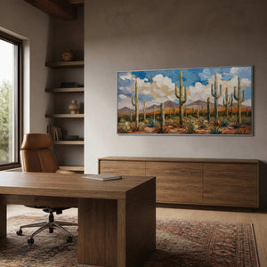 Saguaro wall art displayed in a warm stone home office.