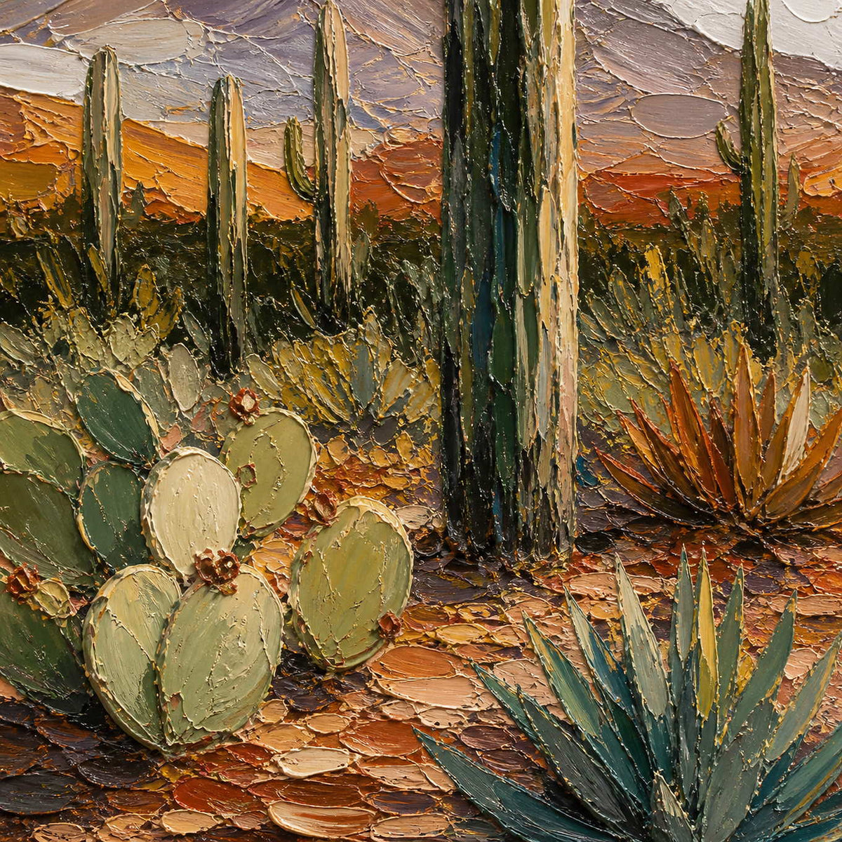 Close-up of sculpted cactus, agave, mountain, and desert palette-knife texture.