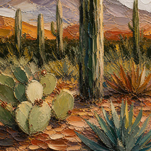 Close-up of sculpted cactus, agave, mountain, and desert palette-knife texture.