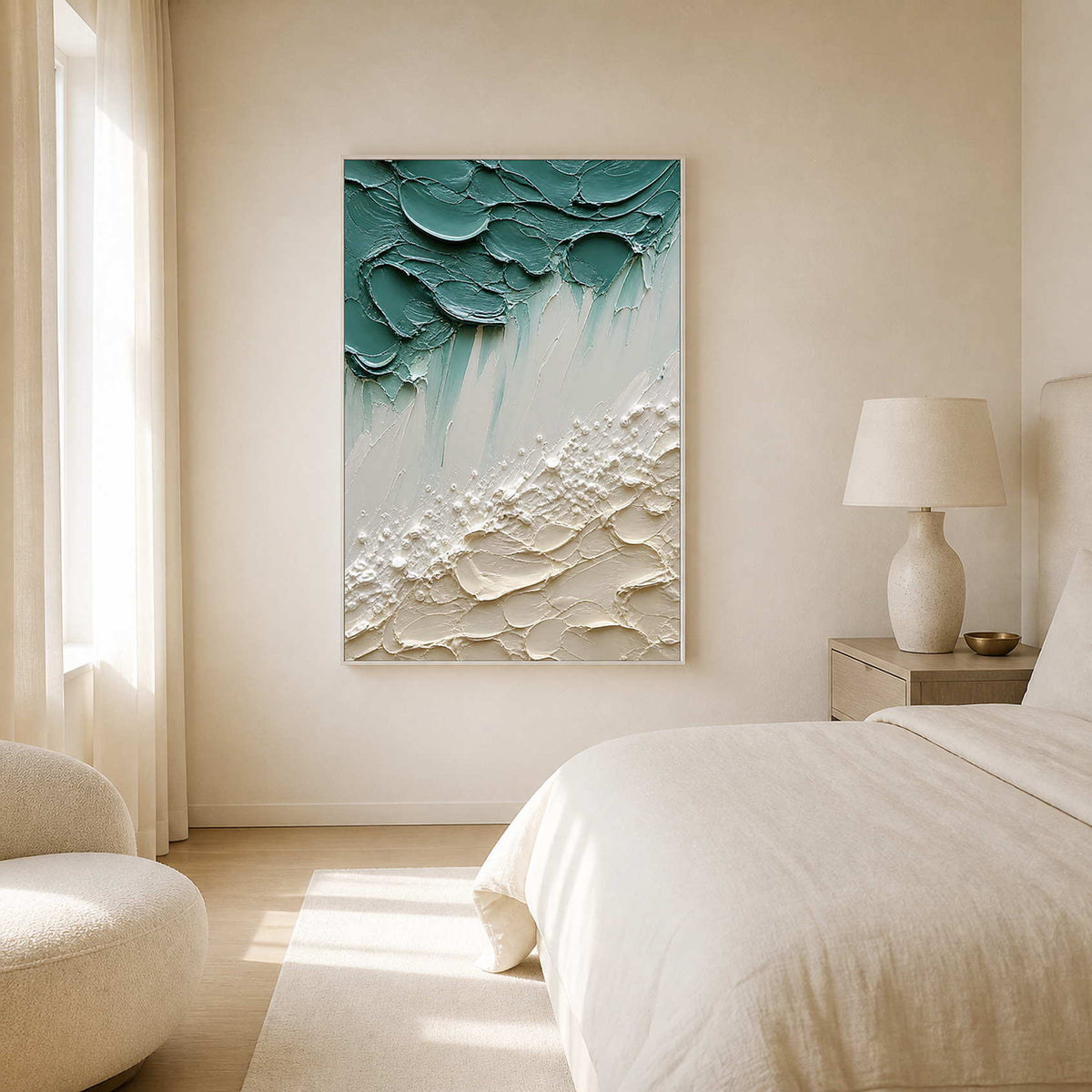 Soft sea-glass coastal canvas brings airy calm to a neutral bedroom.