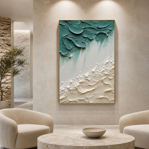 Textured sea-glass coastal wall art displayed in a minimalist gallery lounge.