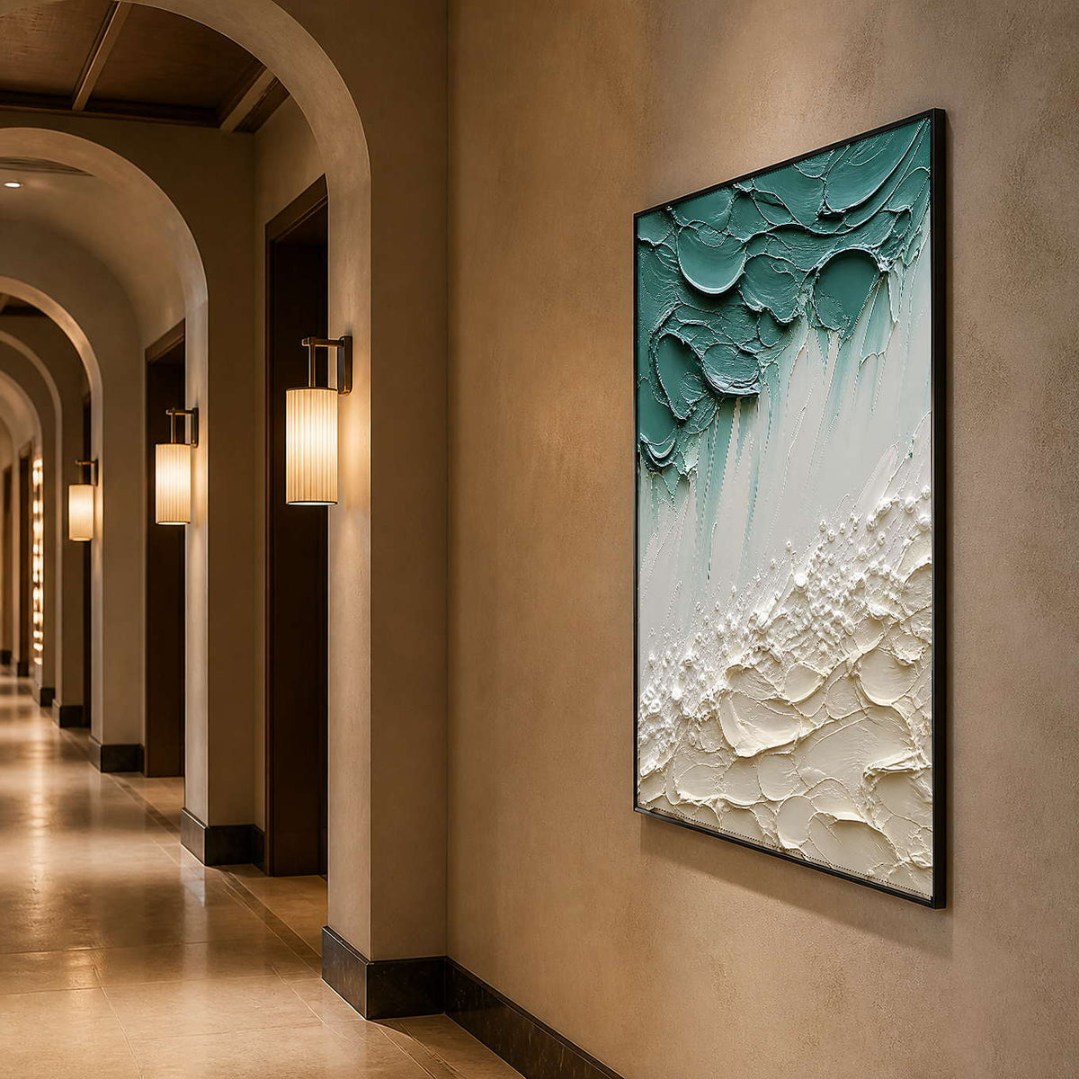 Vertical mint and ivory coastal art in a warmly lit hallway.