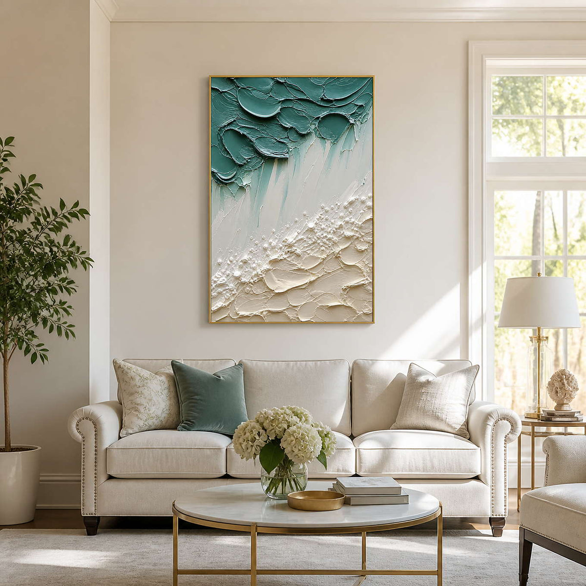 Sea-glass green and ivory coastal wall art in a bright living room.