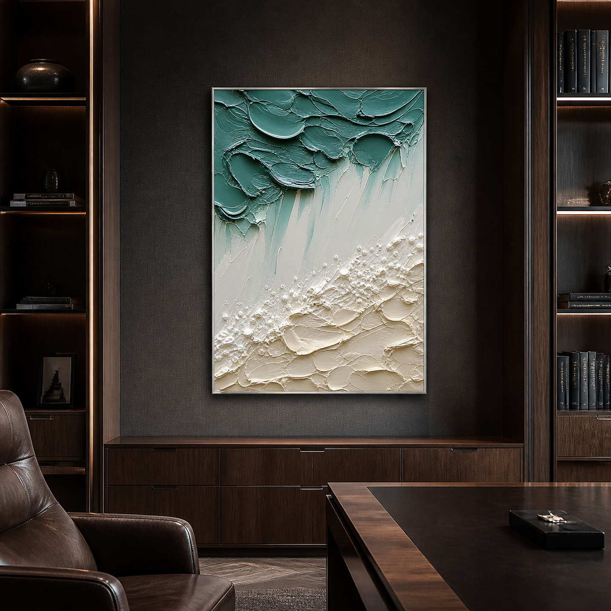 Modern sea-glass textured coastal painting in a dark wood office.