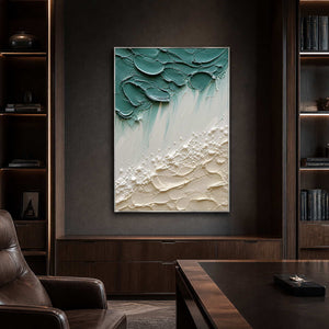 Modern sea-glass textured coastal painting in a dark wood office.