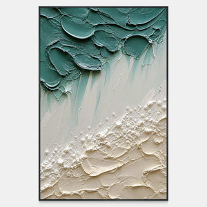 Hand-painted coastal canvas with layered sea-glass green, ivory shore, and raised foam-like details.