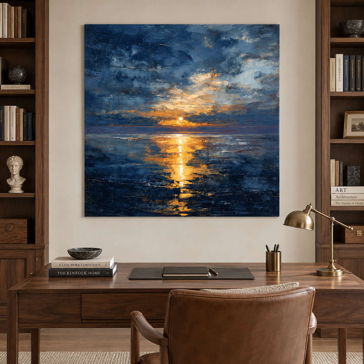 Sunlit sea painting behind a wood desk and brown chair between tall bookshelves.