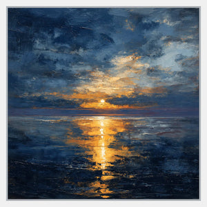 Square seascape with a low golden sun, layered blue-gray clouds, and a vertical golden reflection on dark blue water.