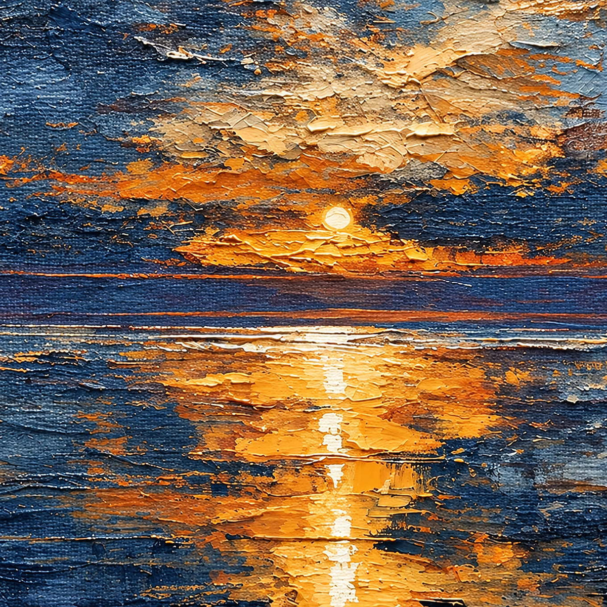 Close-up of the pale sun and orange-gold reflection broken by textured dark blue horizontal strokes.