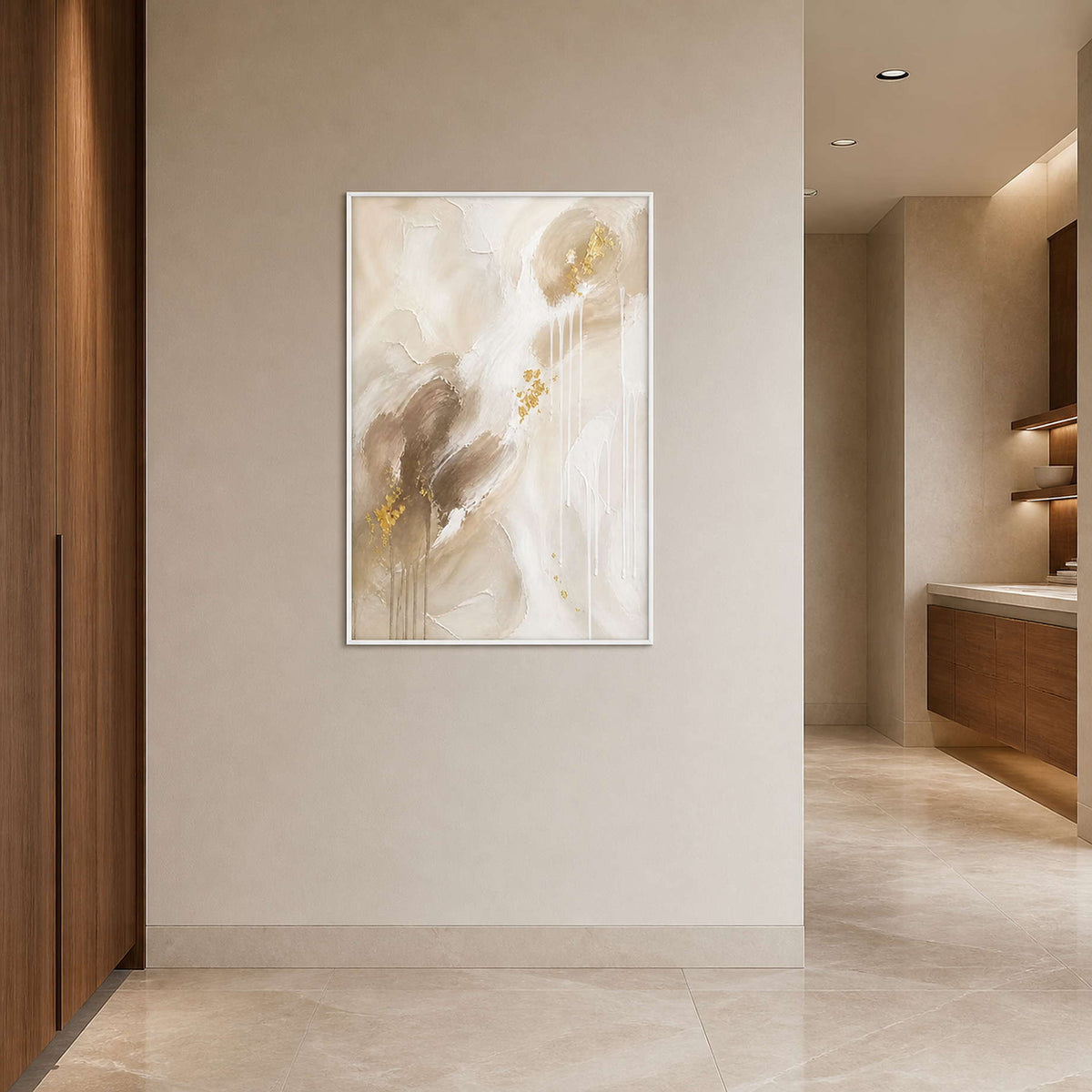 Quiet neutral vertical canvas in a refined bathroom dry area.