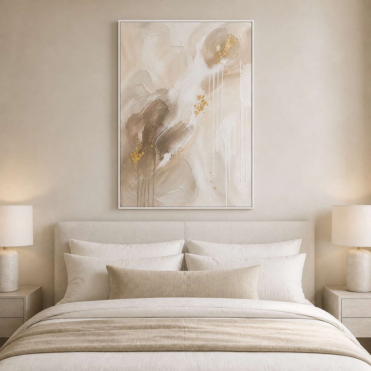 Ivory and taupe textured canvas above a calm neutral bedroom.
