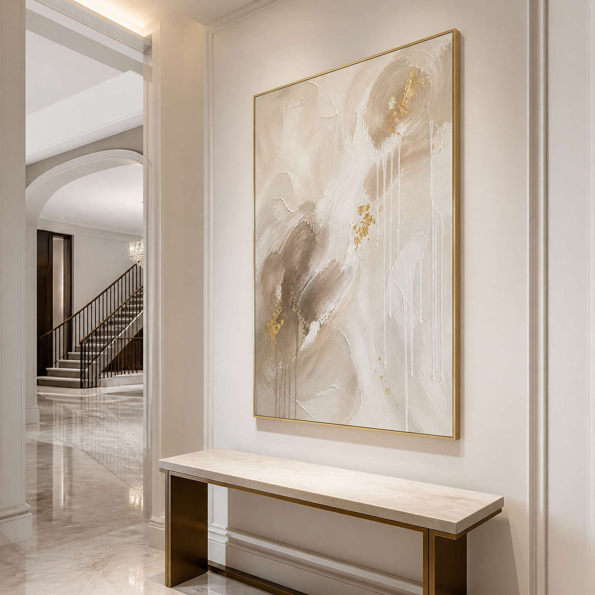 Vertical neutral abstract wall art in an elegant entryway.