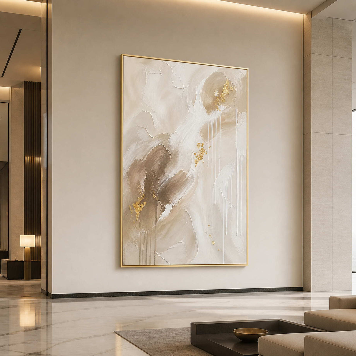 Large vertical neutral artwork in an airy hotel art lobby.