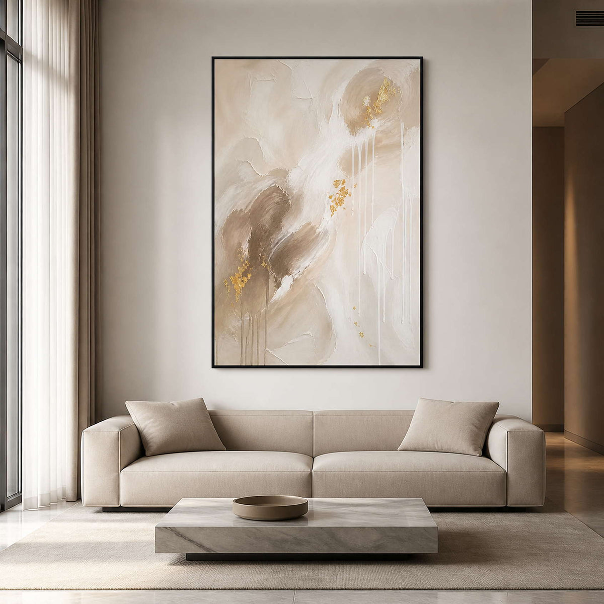 Vertical neutral textured abstract wall art in a modern living room.